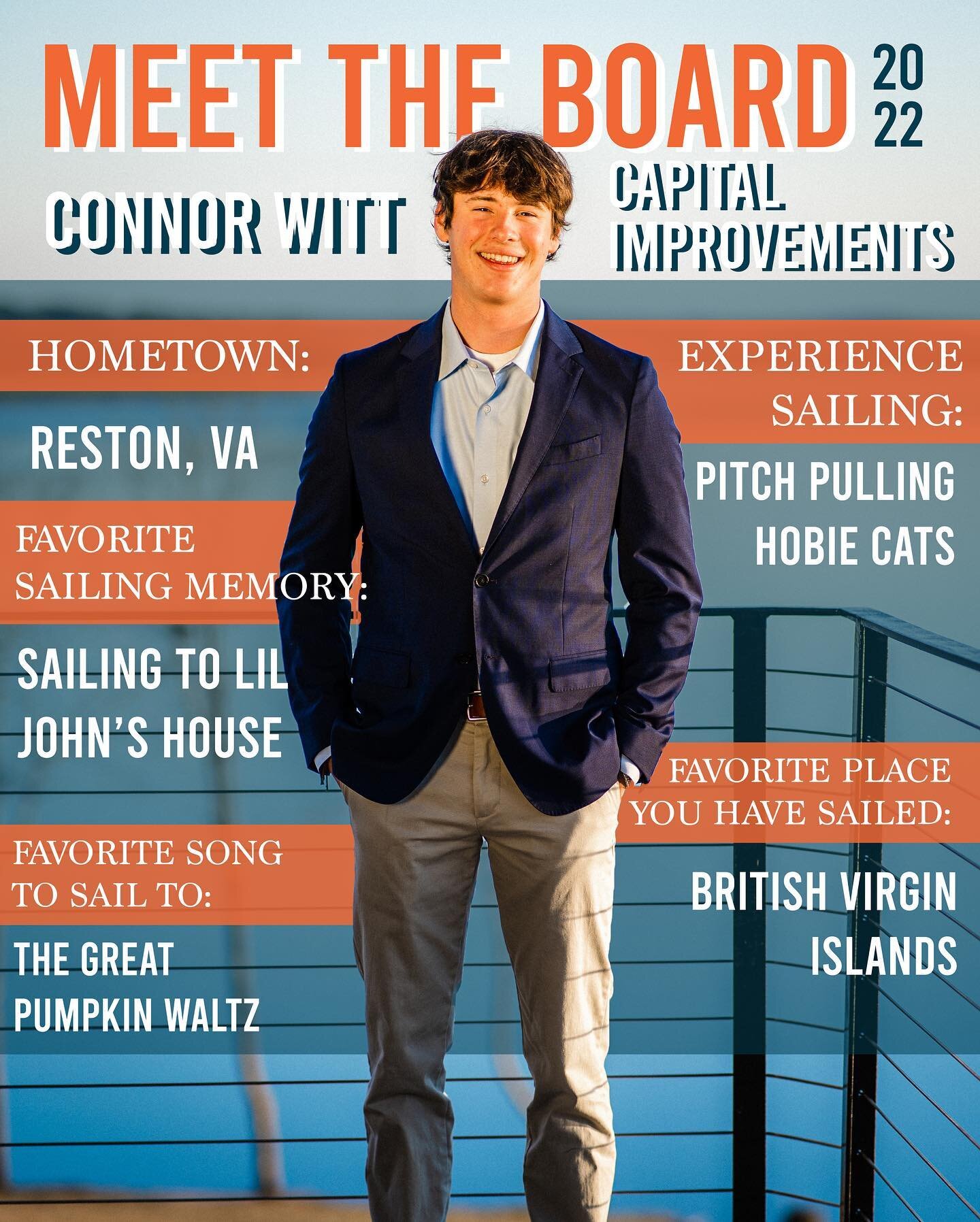 ⛵️☀️MEET THE BOARD ☀️⛵️

Meet our sailing Executive Officers! 
Meet CREATIVE Connor Witt our Capital Improvements head, who keeps everything in tip top shape 🥳 Connor also helps with media content taking photos and videos of our race team 📸🤟🏾