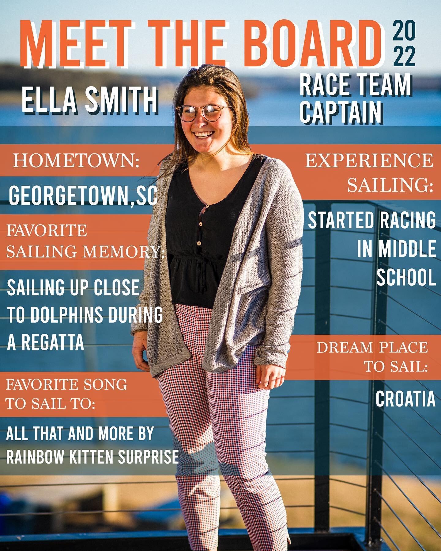 ⛵️☀️MEET THE BOARD ☀️⛵️

Meet our sailing Executive Officers! 
Meet our Race Team Captain EXCELLENT Ella Smith 🏆☺️ Ella makes sure our race team is in tip top shape and ready to compete in regattas! Her hard work has made Clemson Sailing a fierce co