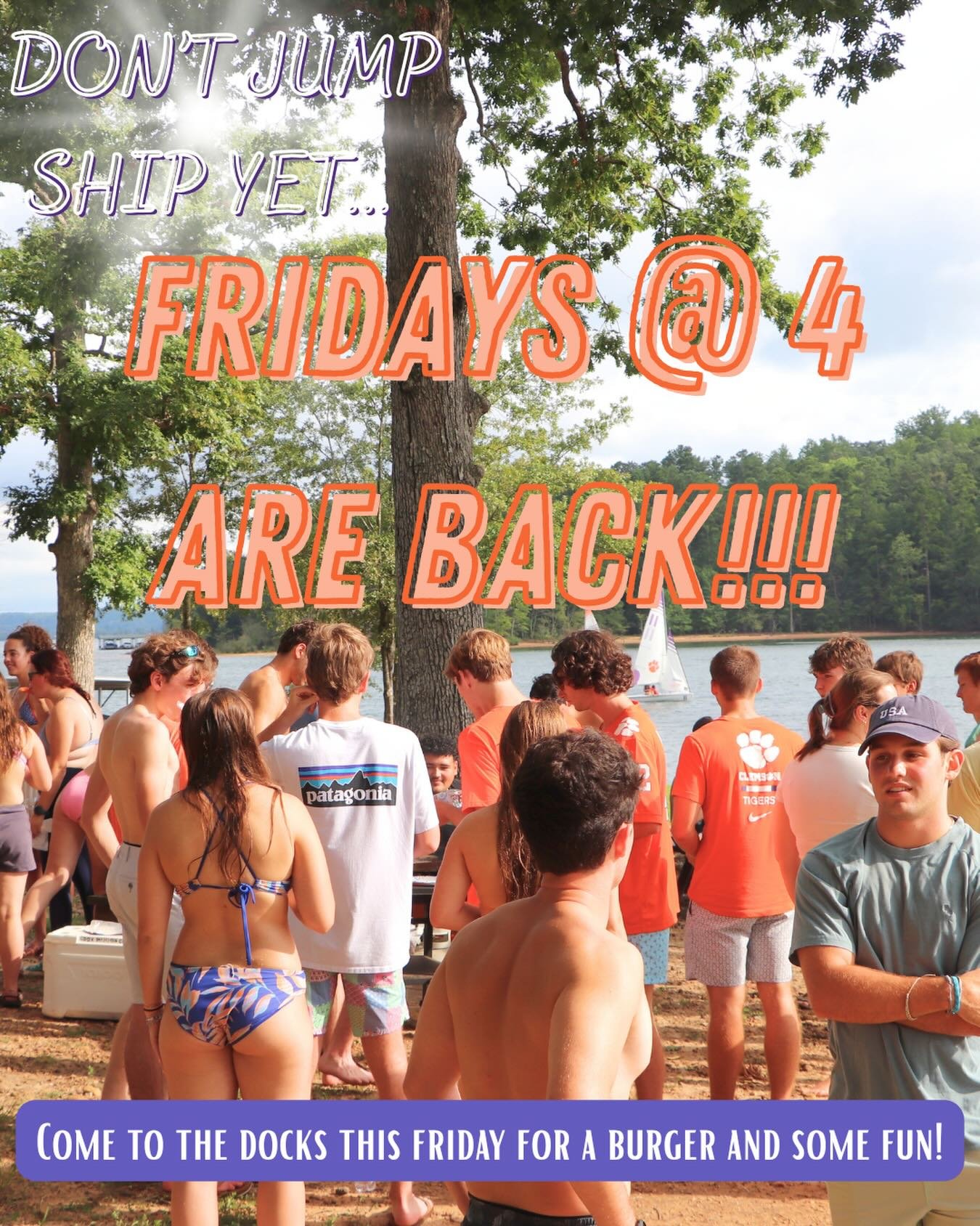 We&rsquo;re so excited to bring back Fridays @ 4, tomorrow, April 10th at the sailing docks Y Beach)!! Everyone is welcome, not just club members! Come enjoy the beautiful weather, grab a burger, and hang out with us ☀️🍔⛵️

We&rsquo;ll have grilling