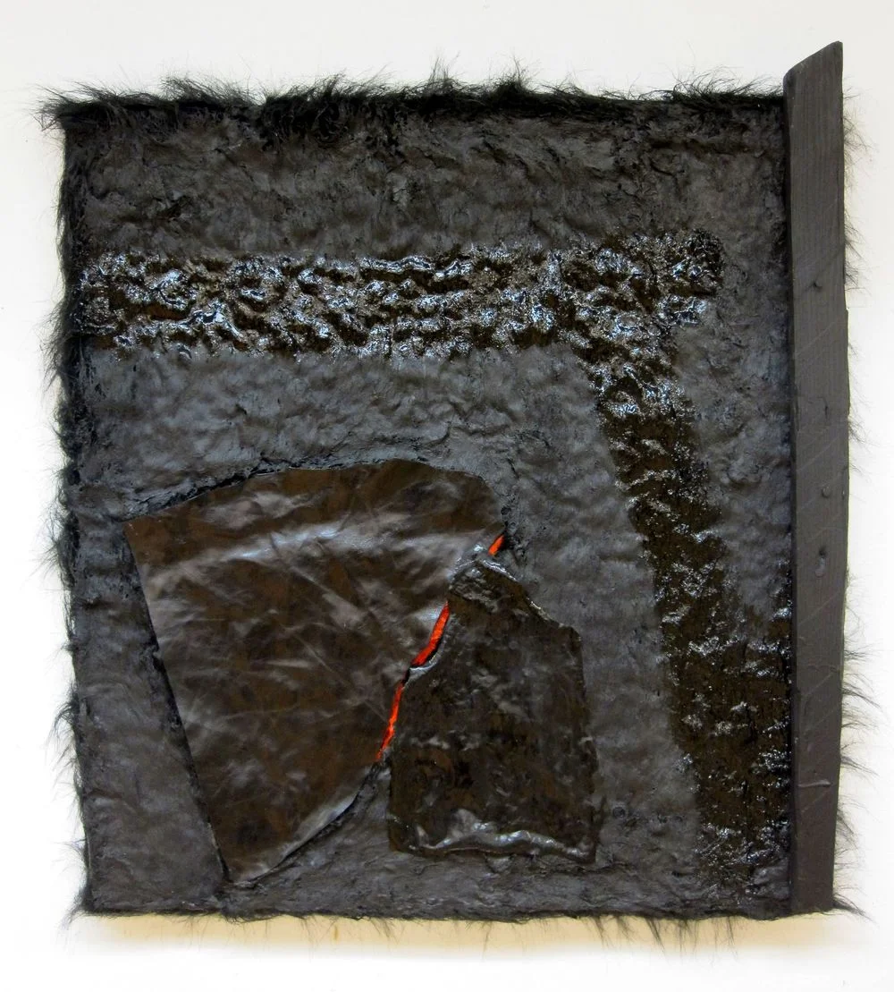Work on Faux Fur, 2013, acrylic, leather, and wood on faux fur over canvas frame, 30" x 28"