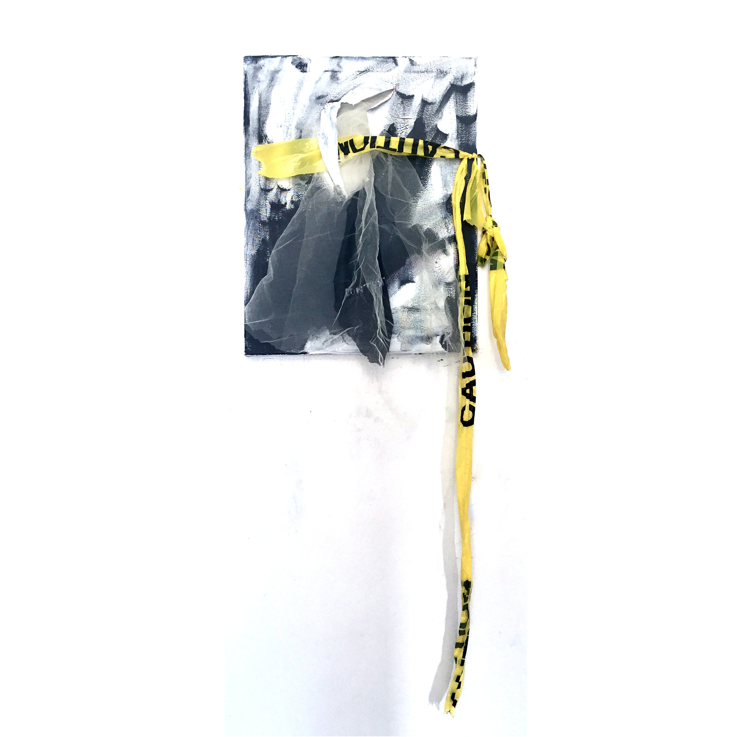 CAUTION (CONTENT), 2018, acrylic, fabric, caution tape and thread on canvas, 42" x 19" x 5"