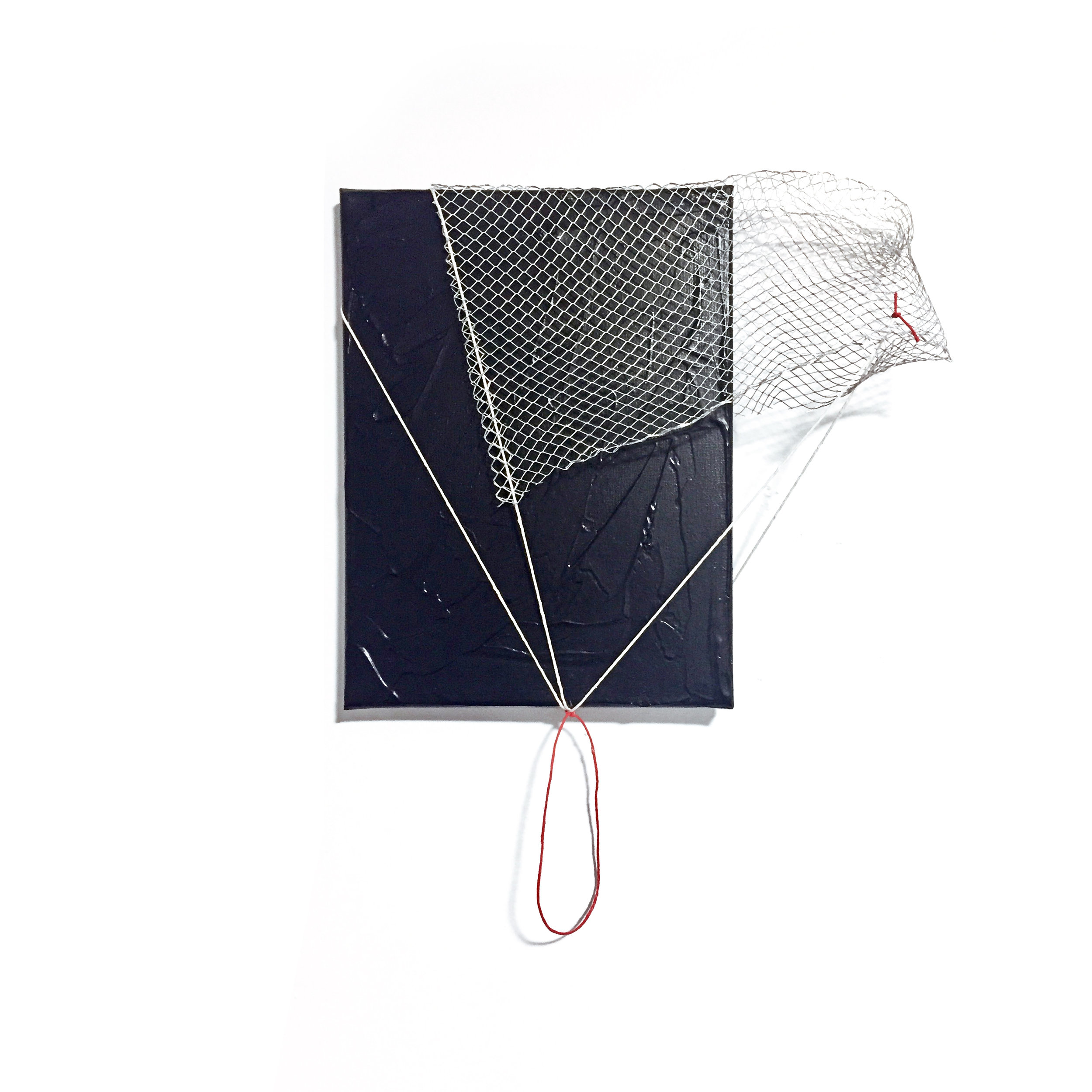 Untitled (Black, Red and White), 2018, acrylic, string and wire mesh on canvas, 18" x 14" x 4"