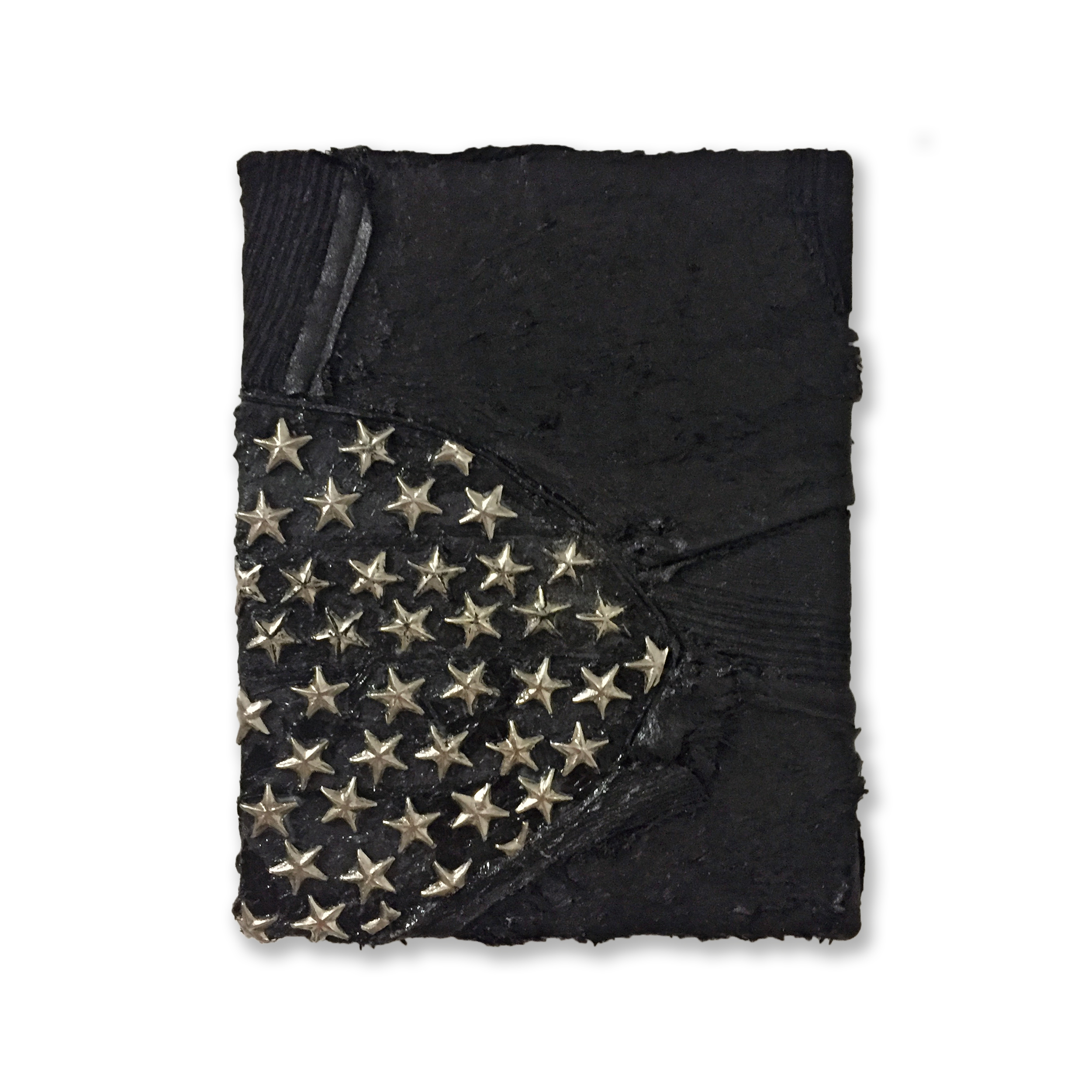 Black Monochrome with Stars, 2018, acrylic, fabric and metal on canvas, 12.5" x 9.5"