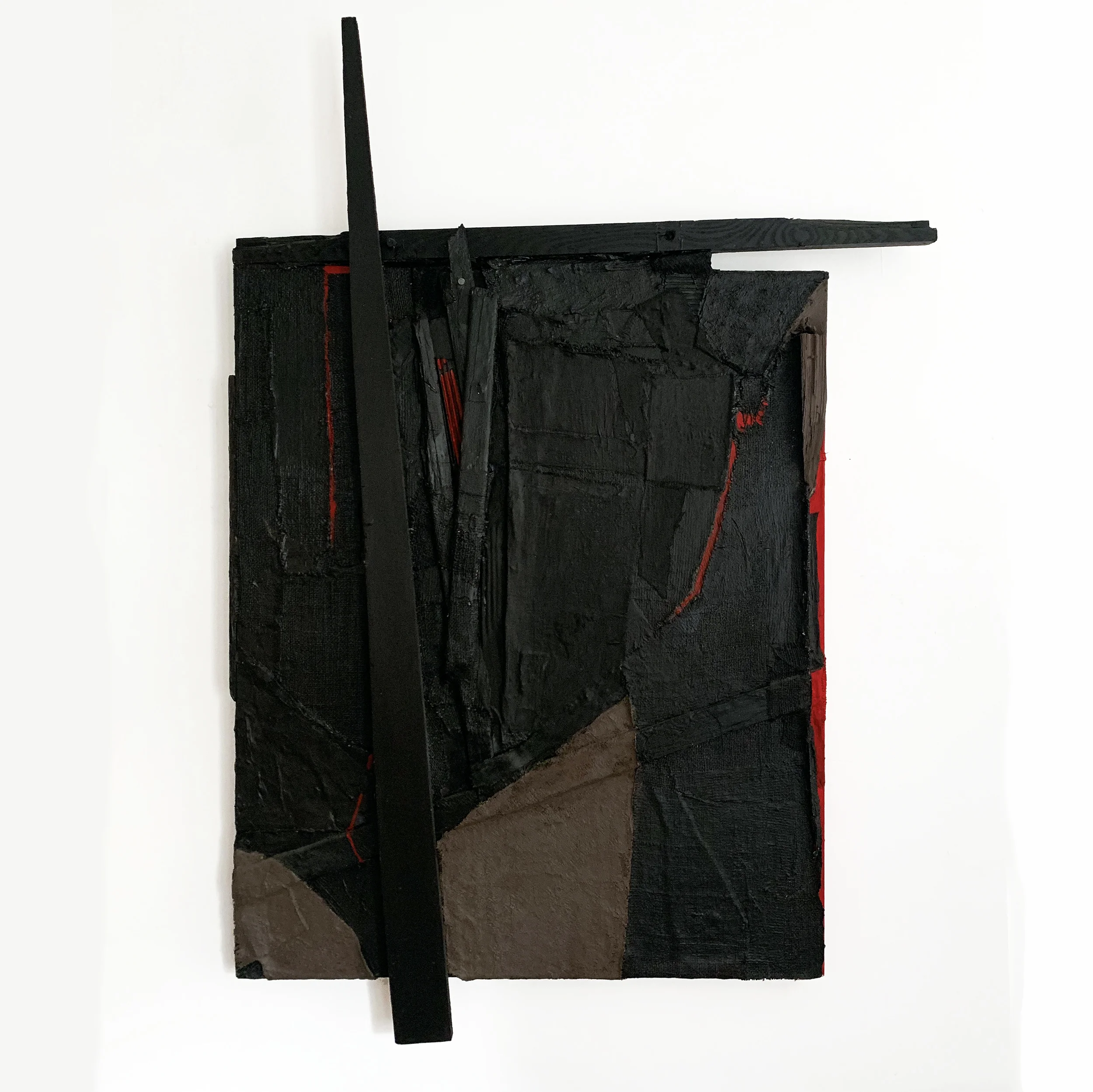 Untitled, 2012, acrylic, fabric, paper, wood and cardboard on canvas, 48" x 33"