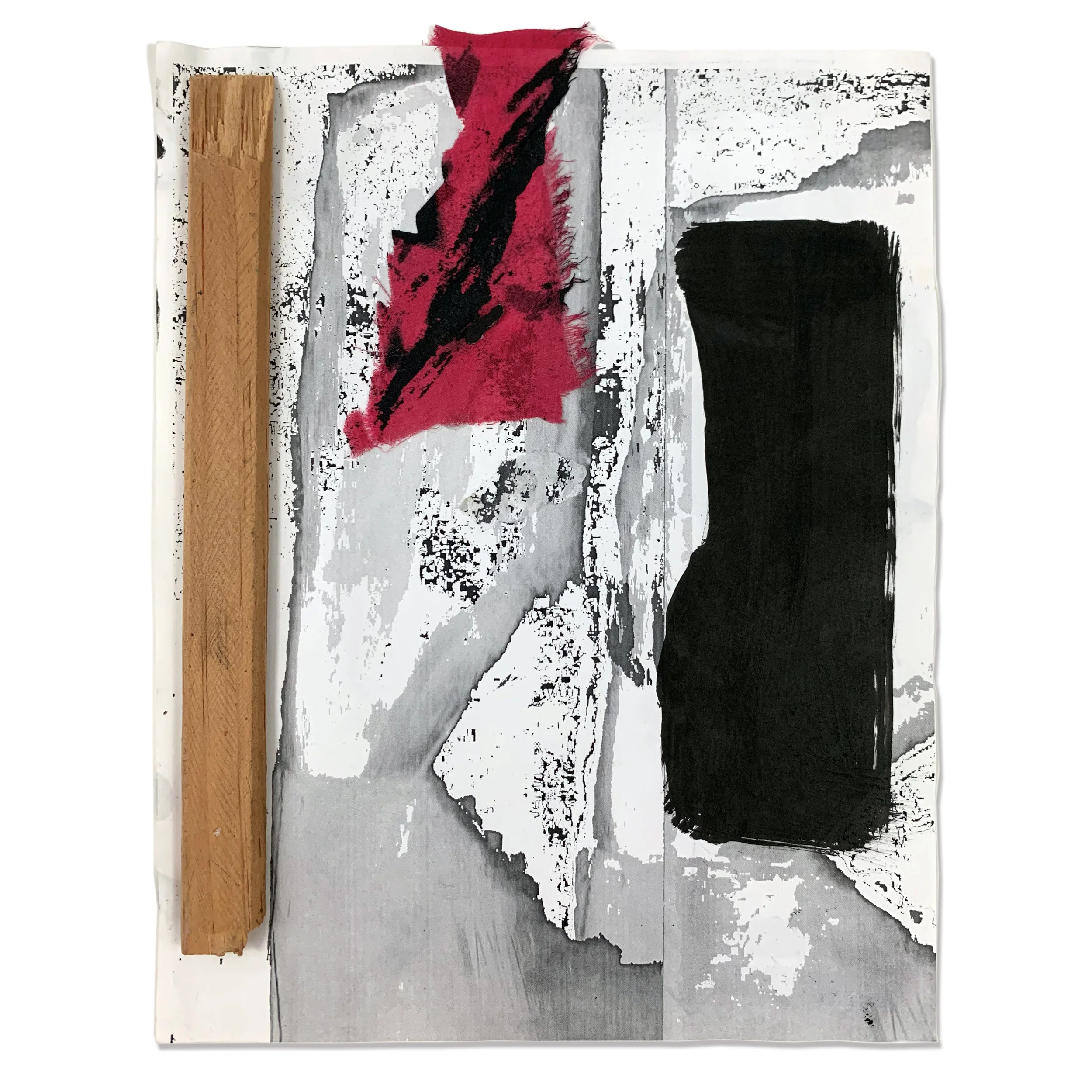 Untitled, 2012, ink, wood and fabric on unique inkjet print, 12" x 8.5"