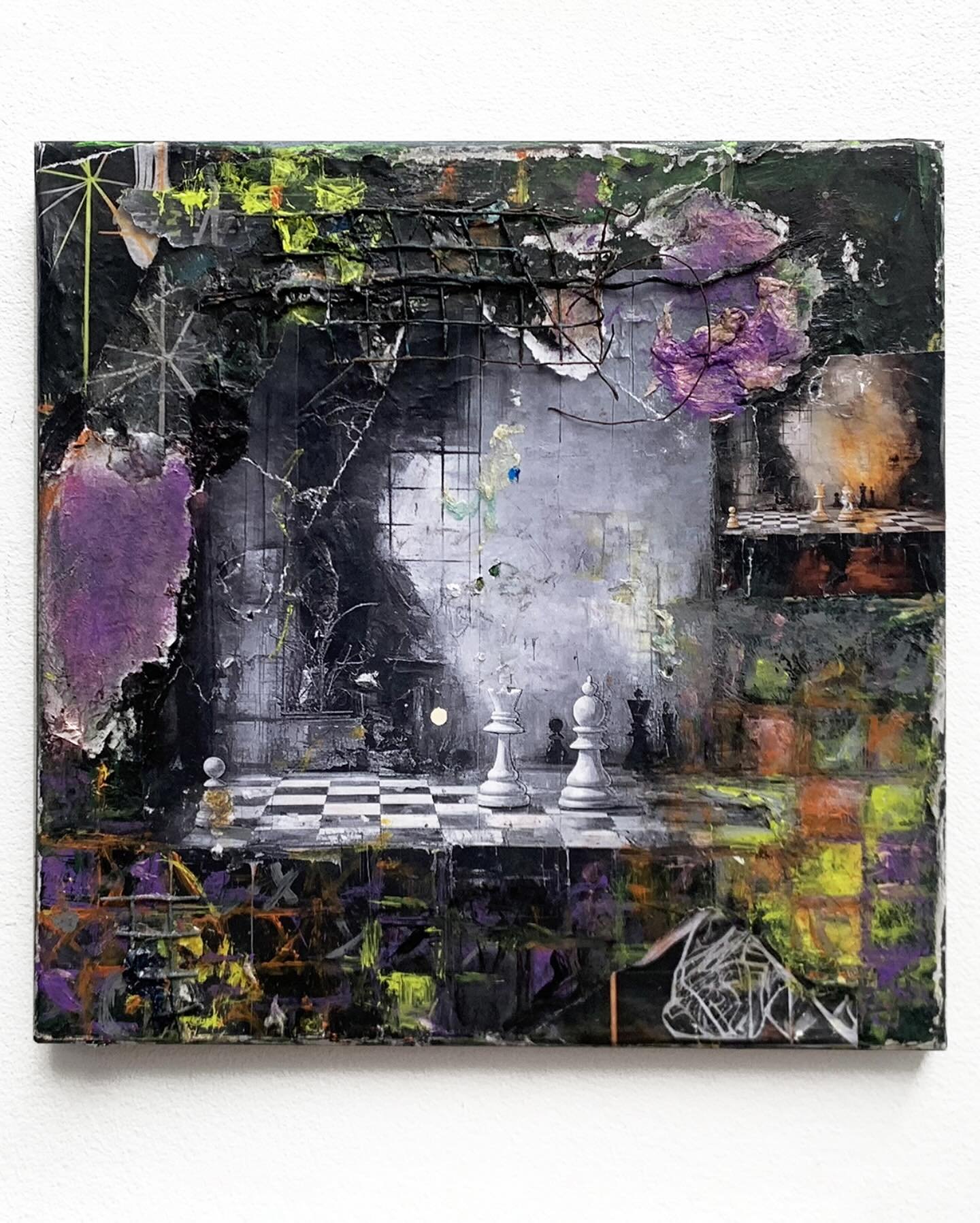 &ldquo;The Odds (Distance, Window in Time)&rdquo;
acrylic, digital prints, paper and metal on canvas
30x30cm, 2025
 
As installed in &ldquo;Synthetic Visions&rdquo; on view through 23.3. At @galleria3hk
 
I&rsquo;ll be at the gallery on the last day,