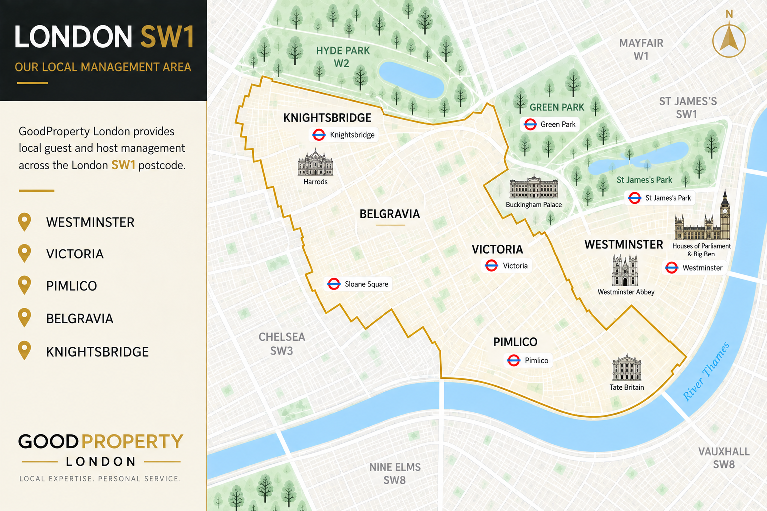 Map of London SW1 showing Westminster, Victoria, Pimlico, Belgravia and Knightsbridge