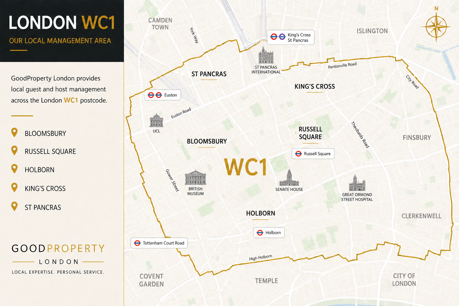 Map of London WC1 showing Bloomsbury, Russell Square, Holborn, King’s Cross and St Pancras