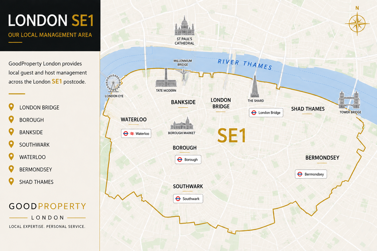 Map of London SE1 showing London Bridge, Waterloo, Bankside, Borough, Southwark, Bermondsey and Shad Thames