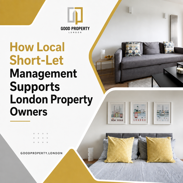 GoodProperty.London graphic showing furnished living and sleeping spaces alongside the headline How Local Short-Let Management Supports London Property Owners.