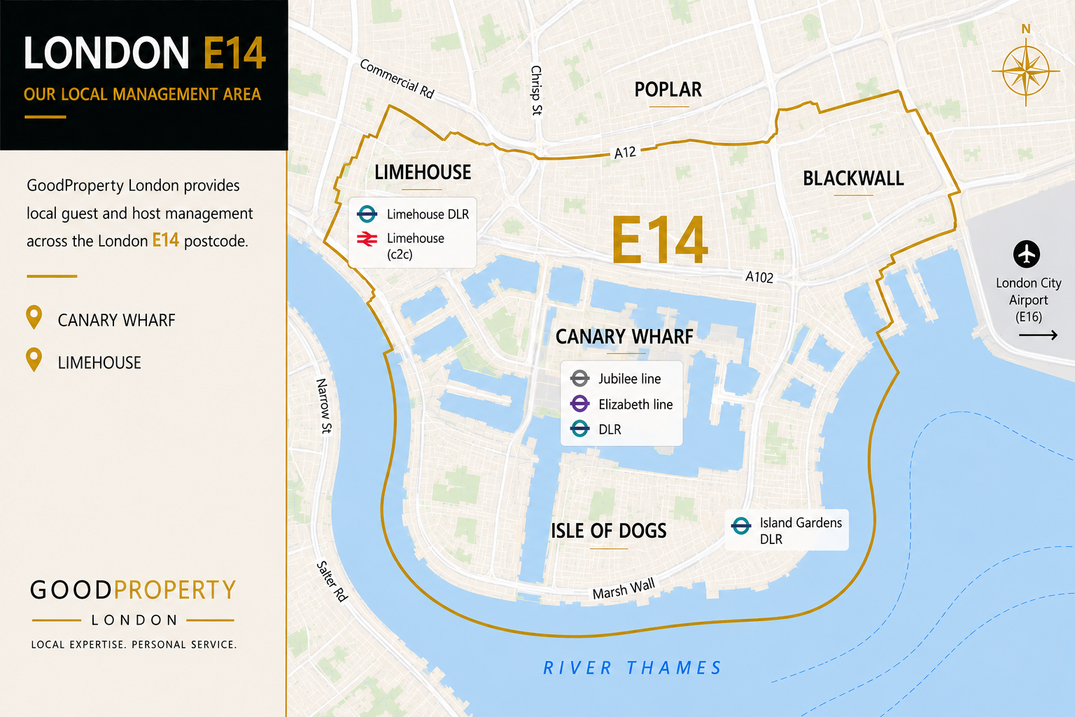 Map of London E14 showing Canary Wharf, Limehouse, Poplar, Blackwall and the Isle of Dogs