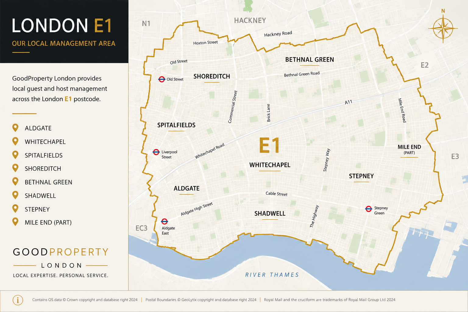Illustrated map of London E1 showing Aldgate, Whitechapel, Spitalfields, Shoreditch, Bethnal Green, Shadwell, Stepney and Mile End.