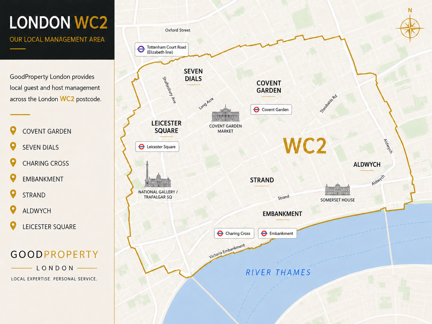 Map of London WC2 showing Covent Garden, Seven Dials, Leicester Square, Charing Cross, Embankment, Strand and Aldwych