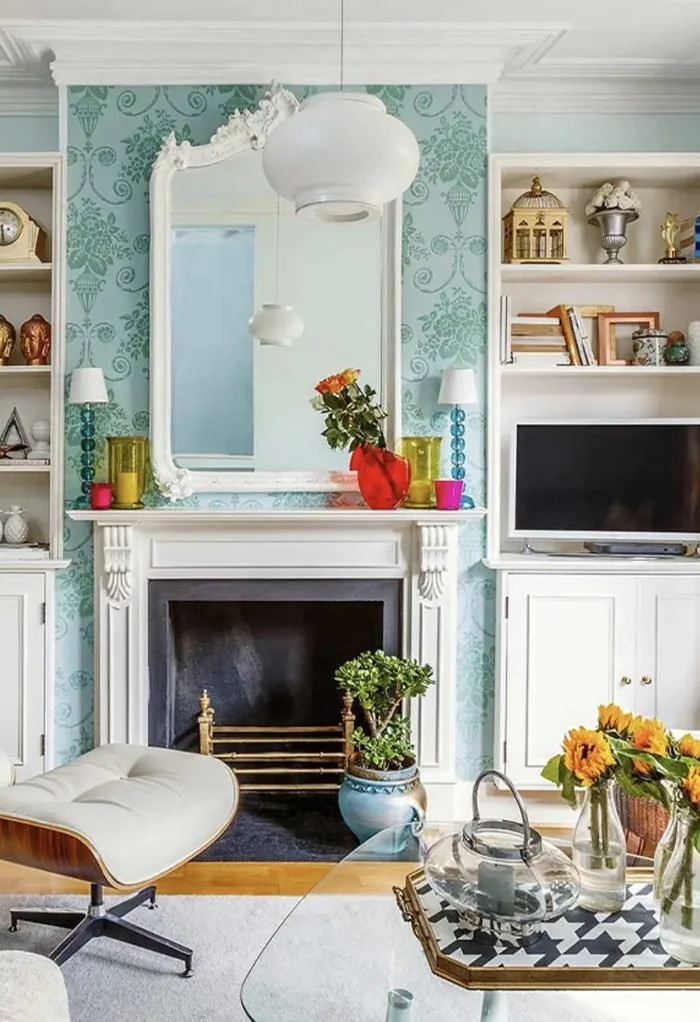 Eclectic living room with fireplace and colourful decor