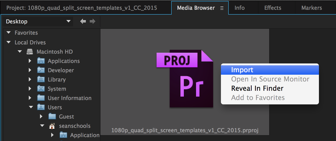 Import Quad Split Screen project file in the Media Browser