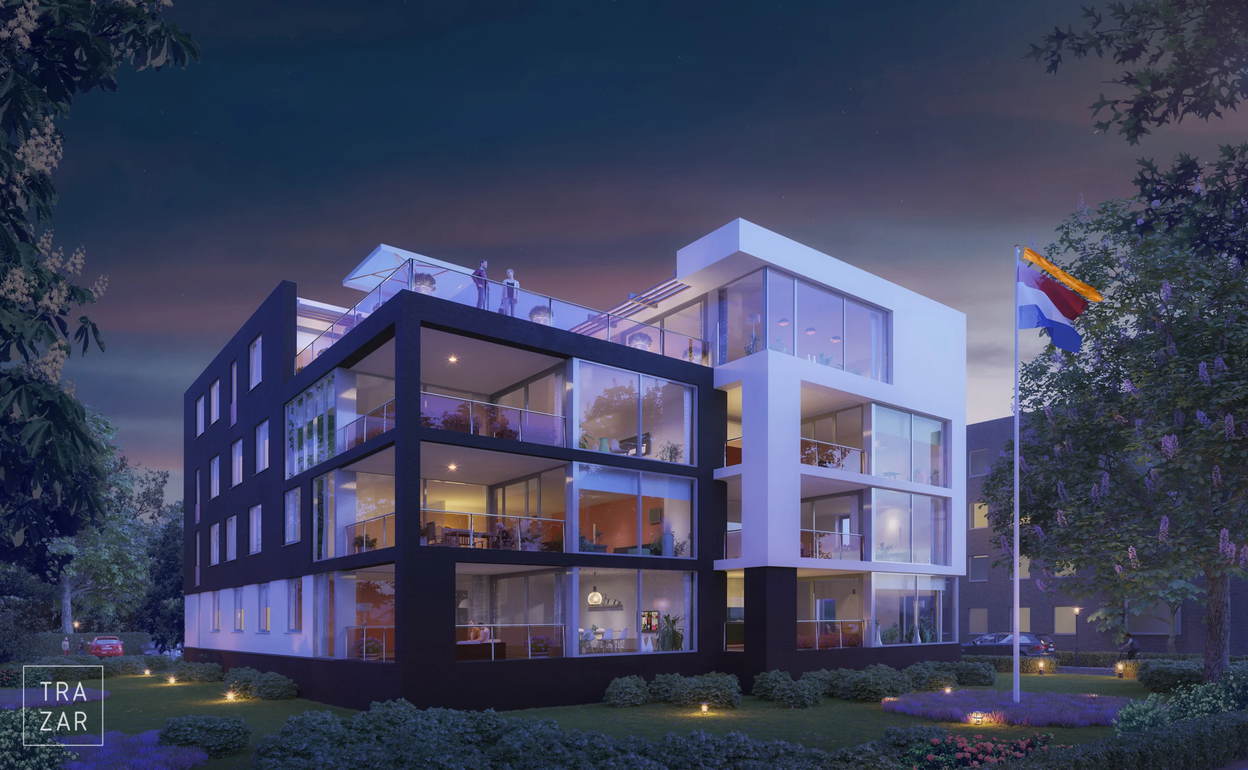 Artist impression van nieuwbouw bij avond.