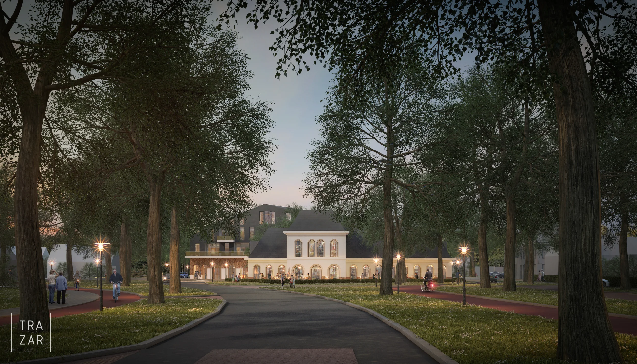 Artist impression van nieuwbouw bij avond.