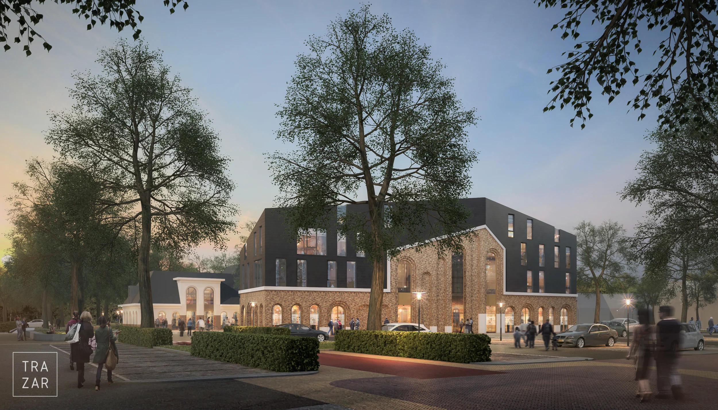Artist impression van nieuwbouw bij avond.