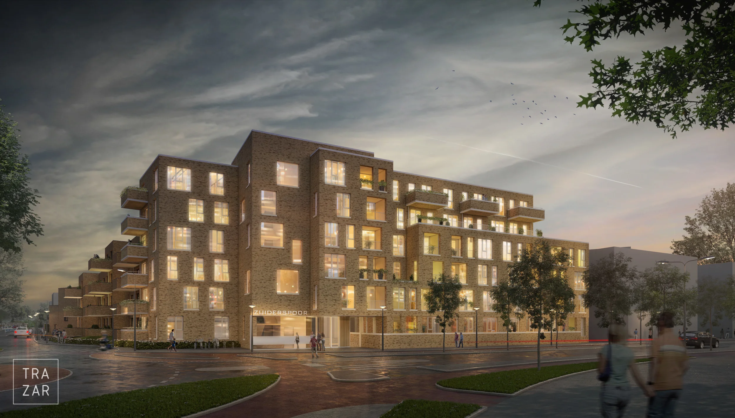 Artist impression van nieuwbouw bij avond.