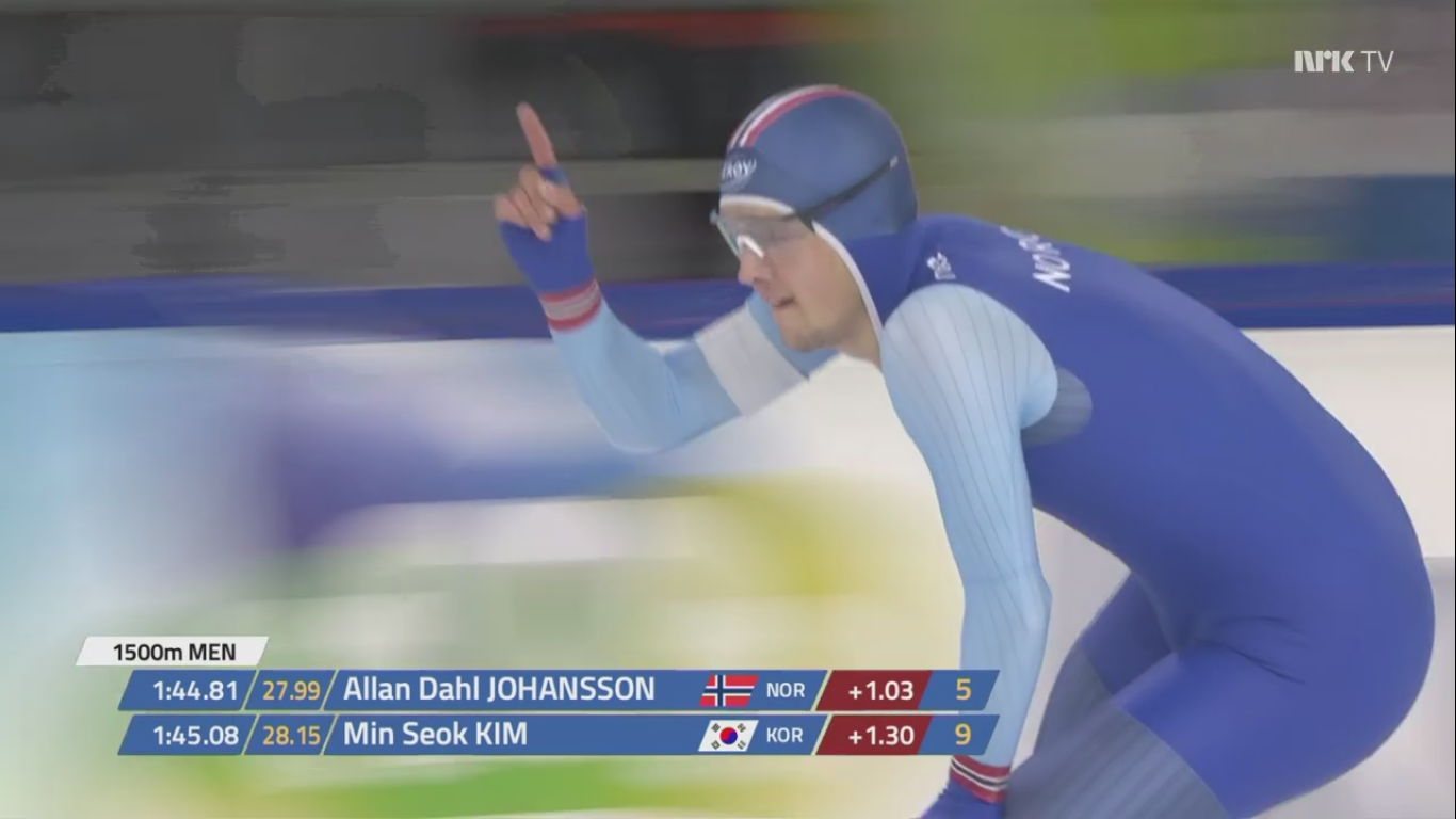 Allan hever fornøyd fingeren etter målgang på 1500 meter (foto fra ra NRK TV)