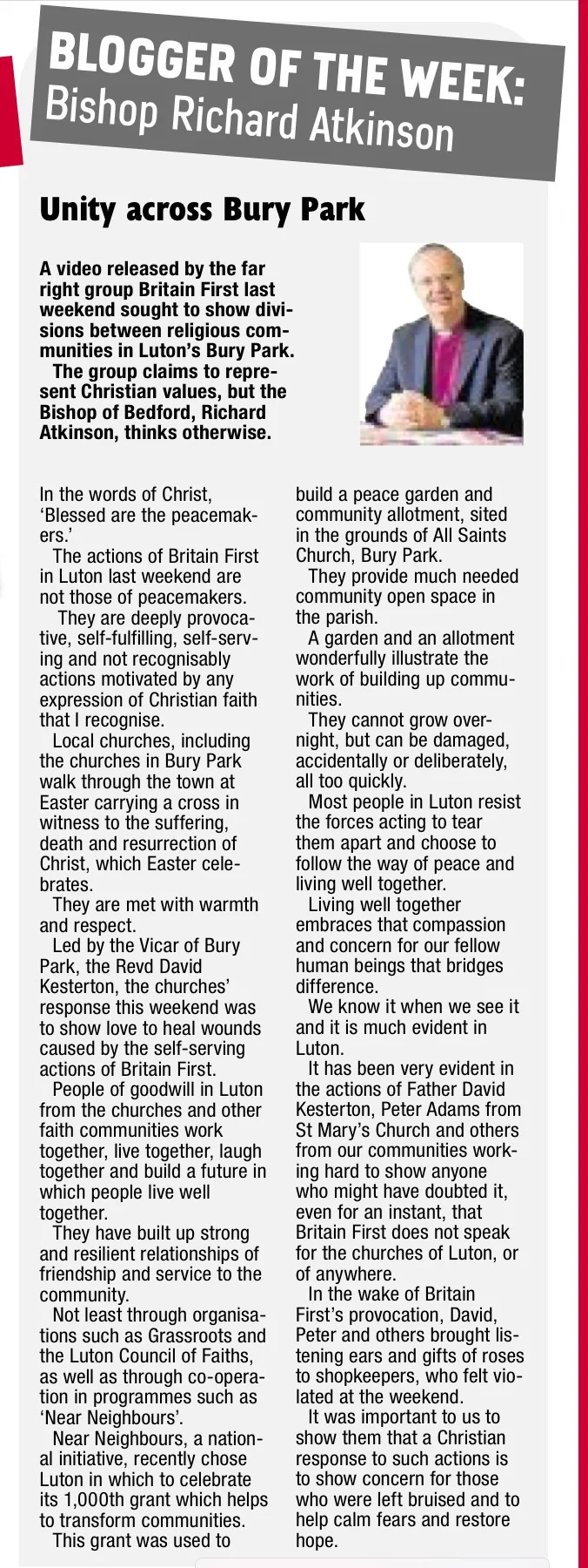 Article by Bishop Richardvof Bedford from Luton on Sundat