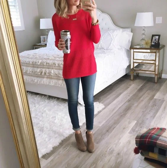 1. What's simpler than a red sweater and blue jeans with boots or booties? Don't forget your coffee!