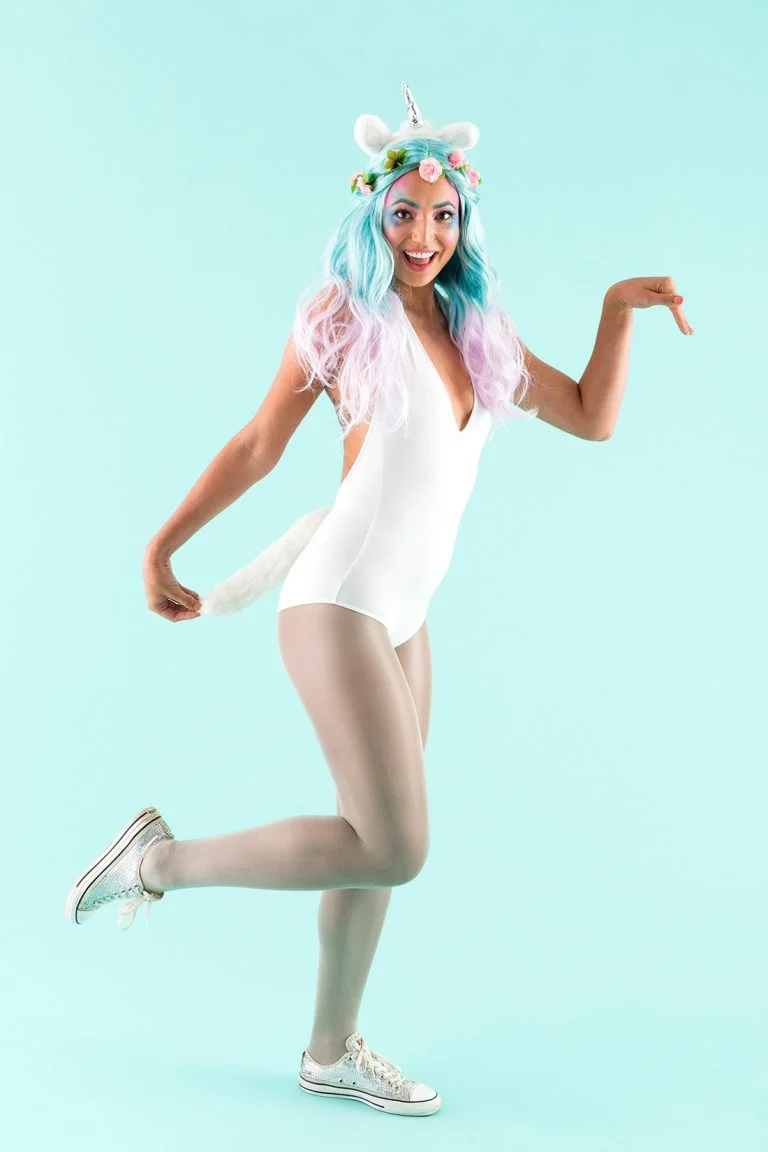 DIY Unicorn Costume: This look really comes down to the makeup and putting the right pieces together to tap into a pretty, sexy, sporty, playful, ethereal unicorn! ( via Brit&Co )