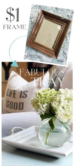 How gorgeous is this tray? And can you believe this can be made with a frame from the Dollar Tree and some re-purposed drawer handles? This project will brighten up any coffee table.