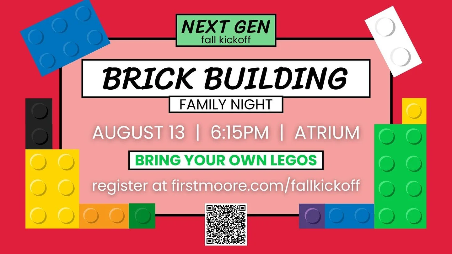 Join us tonight for our Next Gen Fall Kickoff from 6:15pm–7:30pm in the Atrium!
We’re hosting a Brick Building Family Night, a fun evening of lego building and family connection. Bring your own lego bricks and get ready for some creativ
