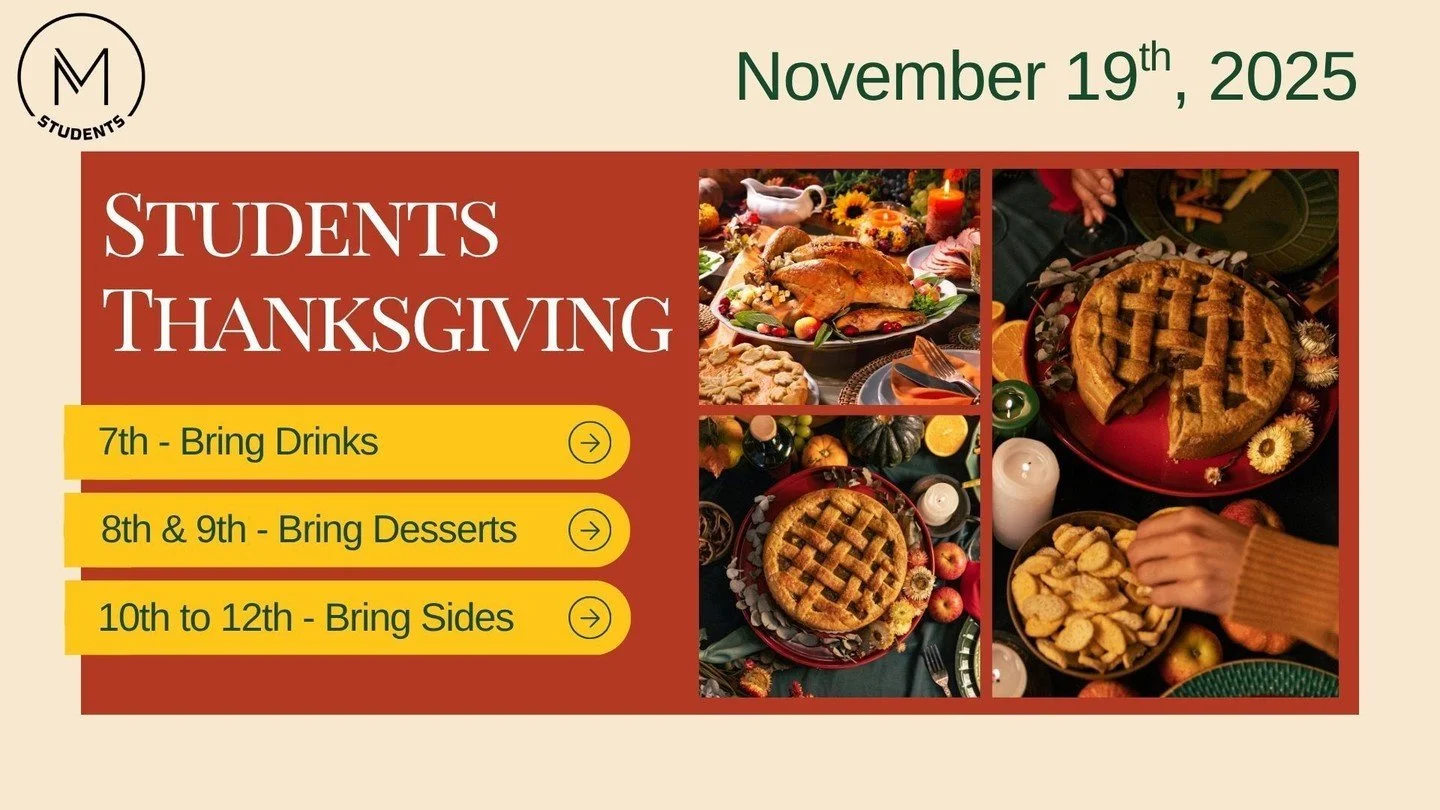 Tonight is Students Thanksgiving!

The church is providing the turkey and the ham, but the rest is up to you!

Please bring enough of your assigned item to share. 

7th Bring - Drinks
8th &amp; 9th Bring - Dessert
10th-12th Bring - Sides 

Doors open