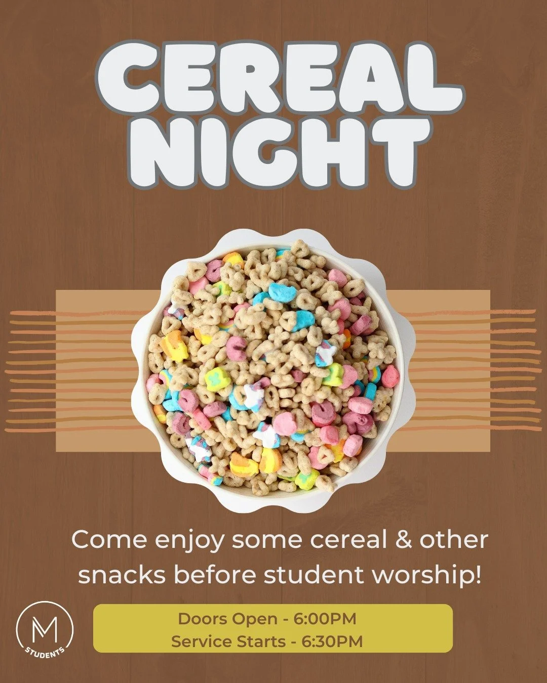 Let's hangout tonight for student worship! 

We will have cereal and other snacks at 6:00pm and the service starts at 6:30pm.
Bring someone with you!

Snacks &amp; Hangout
6:00PM - 6:25PM

Break &amp; Pre-Service
6:25PM - 6:30PM

Worship Service &amp
