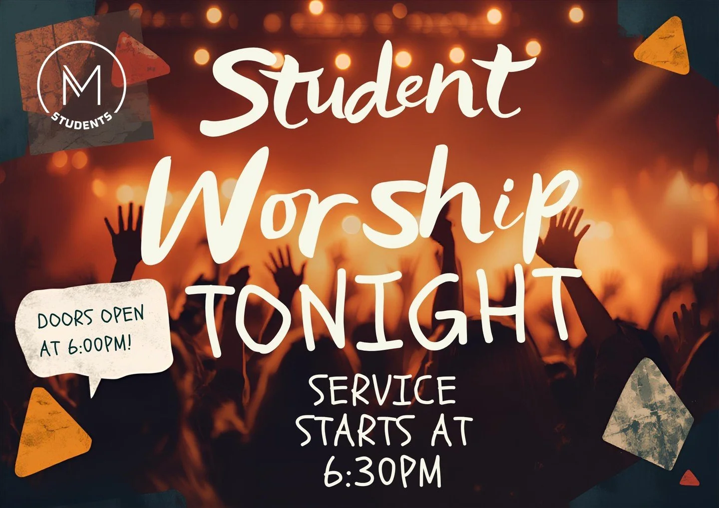 It's the best night of the week!

Join us tonight for student worship as we continue looking at The Sermon On The Mount.

We will have cereal and snacks starting at 6:00pm and the service starts at 6:30pm.
Bring someone with you!

Snacks &amp; Hangou