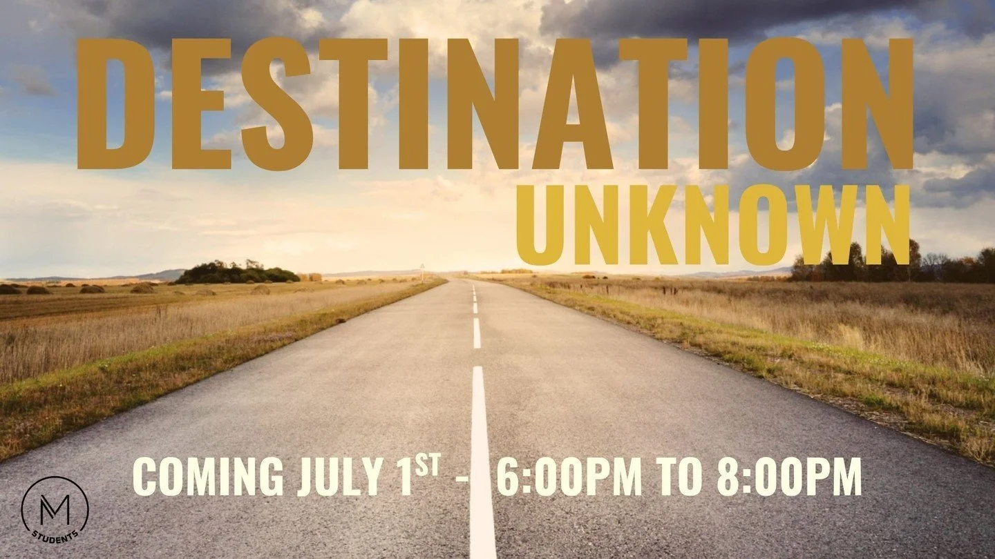 Tonight is Destination Unknown!

We will be leaving from the east parking lot at 6pm and will return about 8pm.

There is no cost to attend.

We will be outside. 😎 

Food will be provided.

The only question is, where are we going?!?