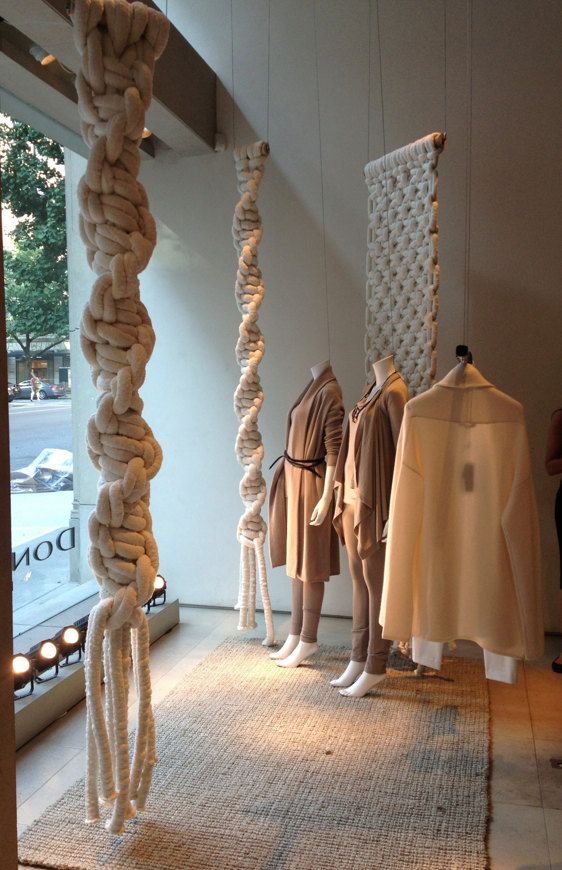 MACRAME STORE DISPLAY - MACRAME DECORATION - FLOOR-TO-CEILING MACRAME - CONTEMPORARY FIBER ART GIANT FIBER ART MACRAME PIECES ADD SOFTNESS AND TEXTURE. PERFECT FOR SHOP WINDOWS, STORE DISPLAYS, INTERIOR DESIGN AND MORE. DIMENSIONS: 1' WIDE X 8' HIGH FOR PRICING PLEASE CLICK HERE , PLEASE USE THE CONTACT FORM FOR ORDERS AND INQUIRIES.
