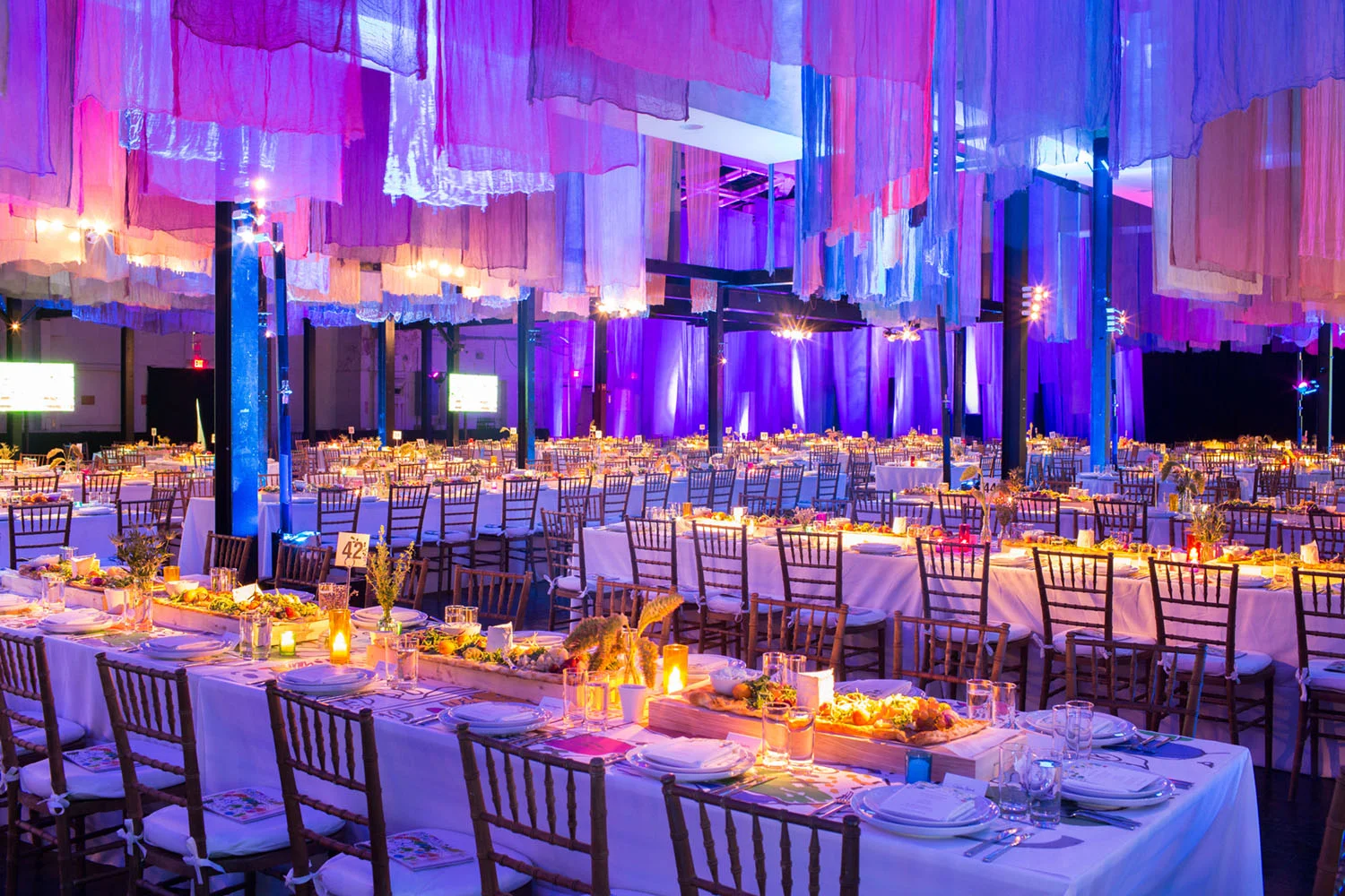 VAN WYCK Custom dip dyed fabric hangs overhead at the annual spring gala for Friends of the High Line.