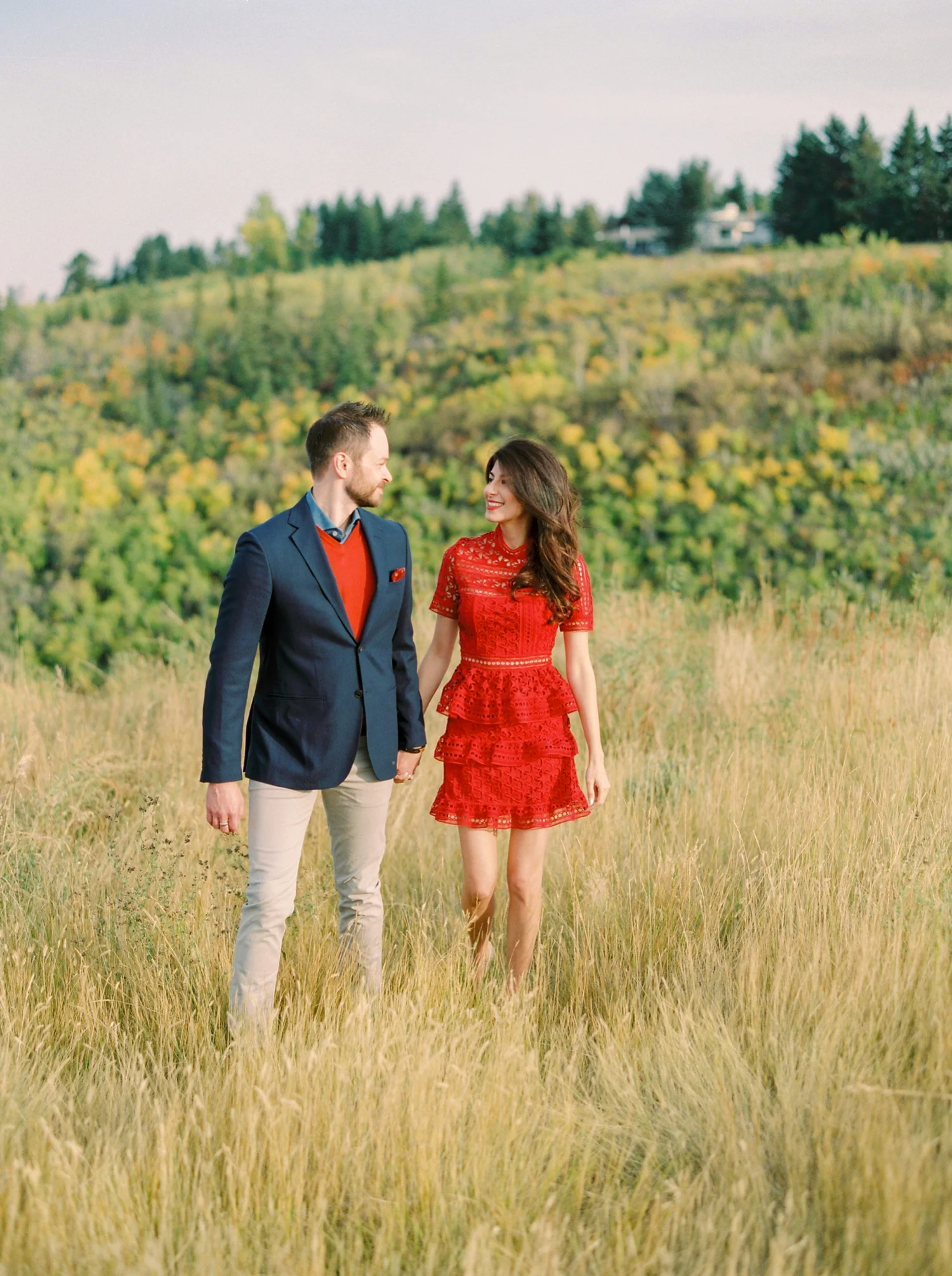 Calgary wedding photographers | fine art film | Justine Milton Photography | calgary engagement | engagement photos | red dress | couples portraits | fall engagement