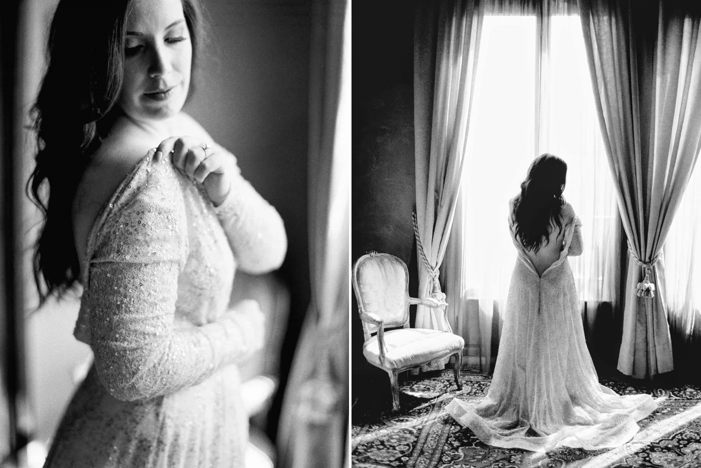 Venice italy wedding photographers | long sleeve wedding dress | italy vow renewal | justine milton fine art film photographer | getting ready portraits black and white film