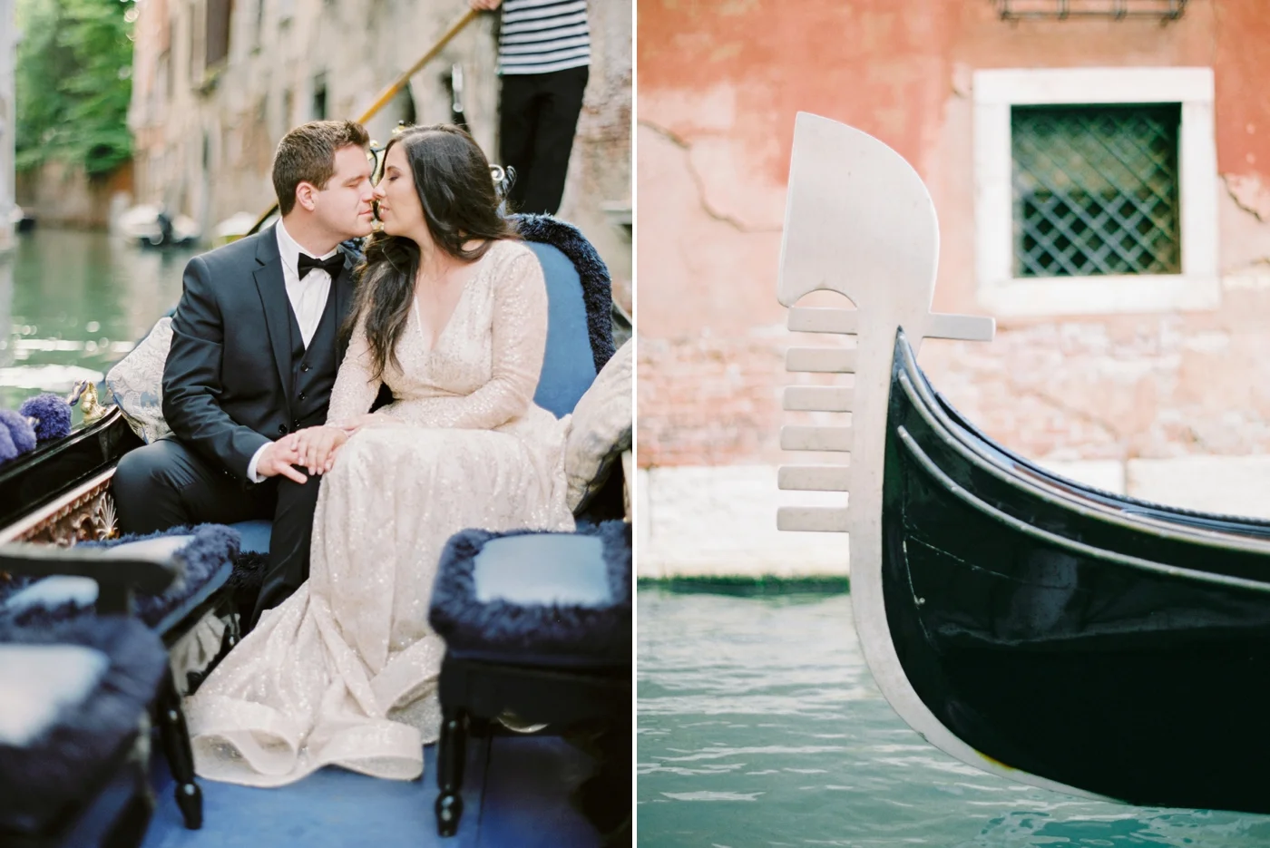 Venice italy wedding photographers | long sleeve wedding dress | italy vow renewal | justine milton fine art film photographer | bride and groom portraits in a gondola