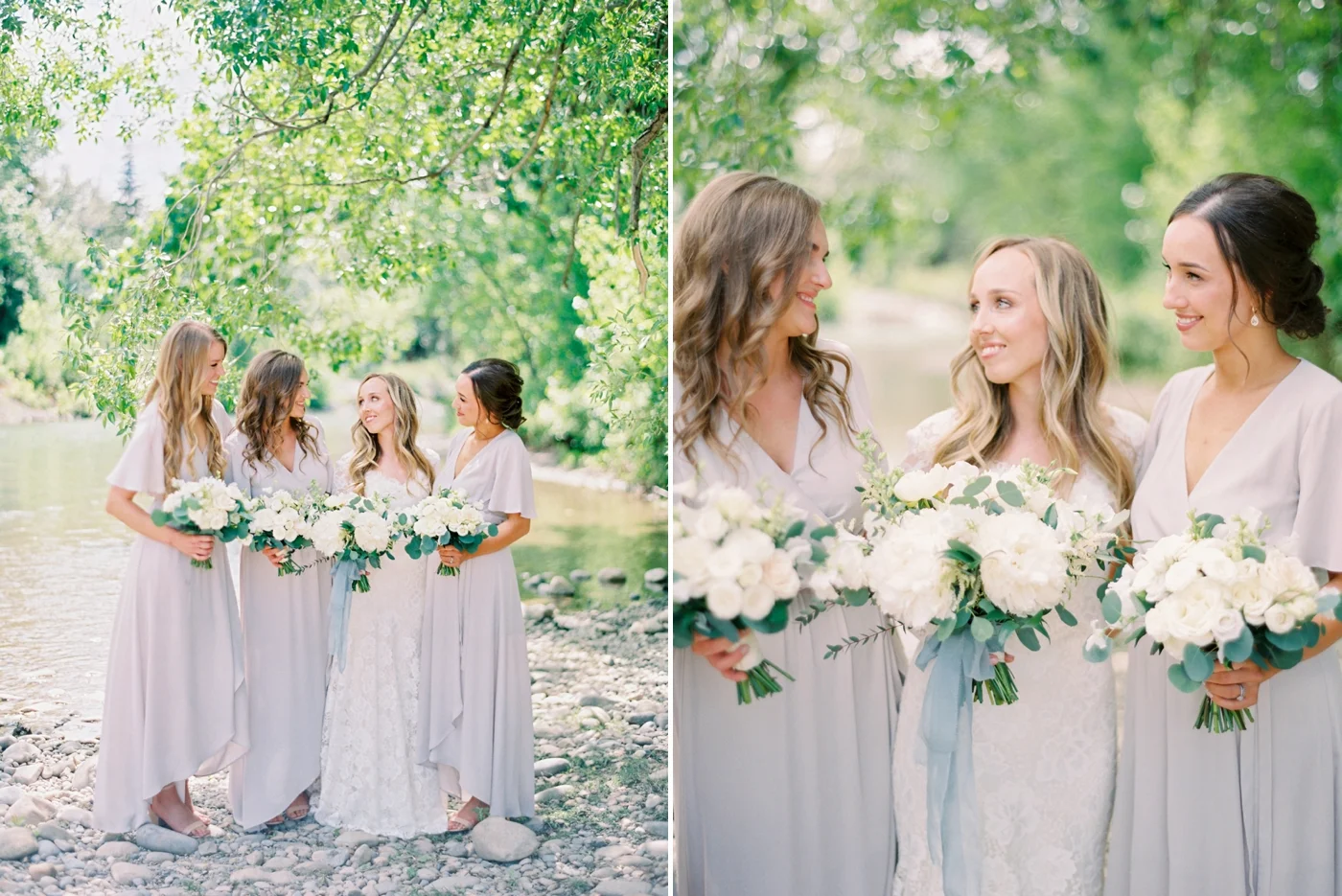 Calgary wedding photographers | The Gathered Farm Wedding | Justine milton fine art film photographer | bride and bridesmaids portraits nude dresses white peony bouquets