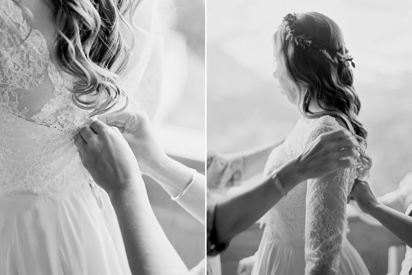 Italy wedding photographers | Dolomites mountain top wedding | bridal prep bride getting ready ski chalet | justine milton fine art film photographers