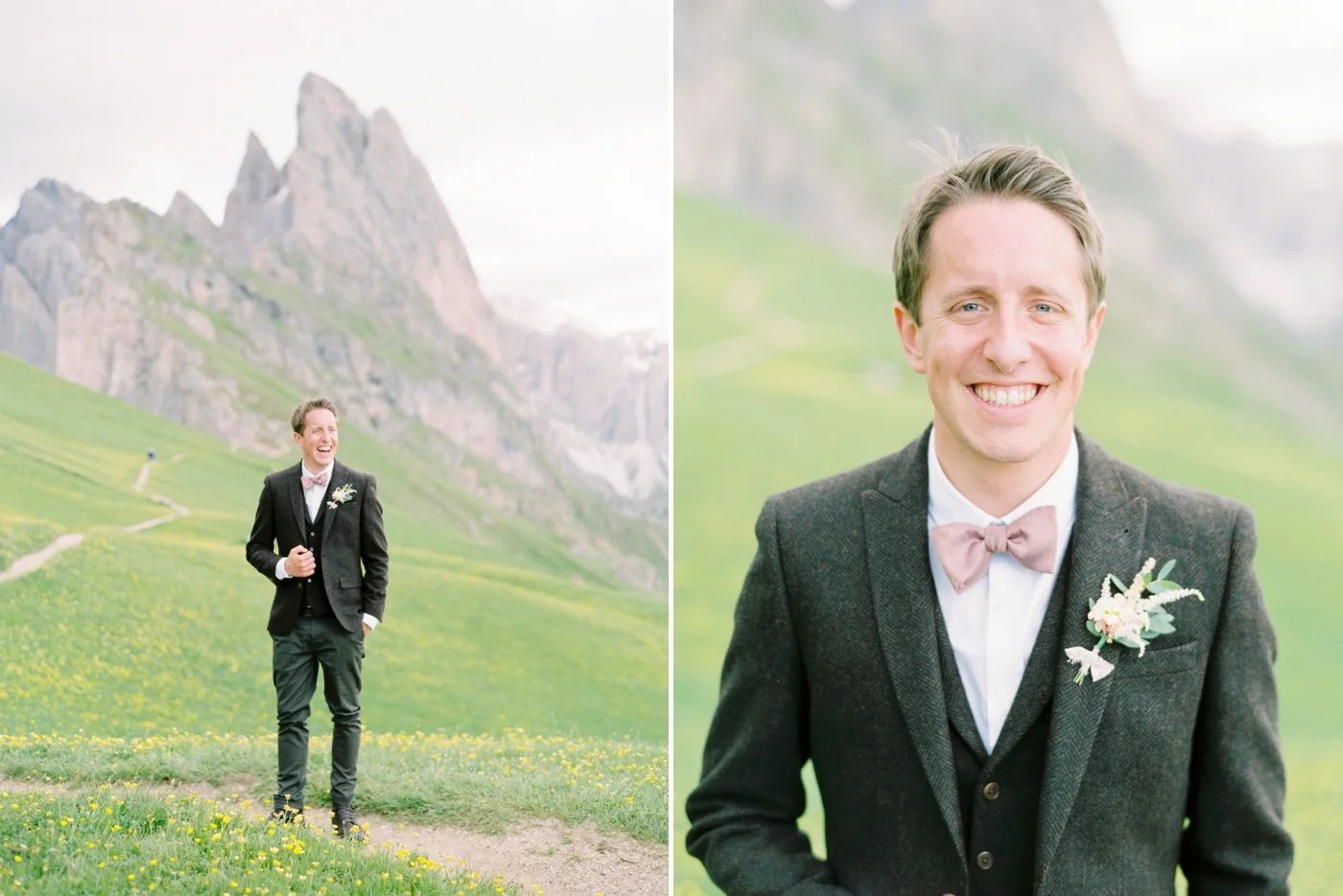Italy wedding photographers | Dolomites mountain top wedding | pink and white peony bouquet | long sleeve flowing wedding dress | Bride and groom portrait | justine milton fine art film photographers