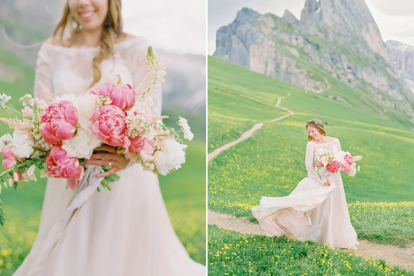 Italy wedding photographers | Dolomites mountain top wedding | pink and white peony bouquet | long sleeve flowing wedding dress | Bride and groom portrait | justine milton fine art film photographers