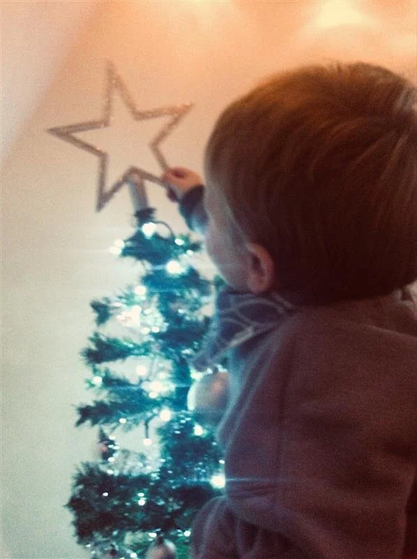 Putting the star on top of our Christmas Tree.