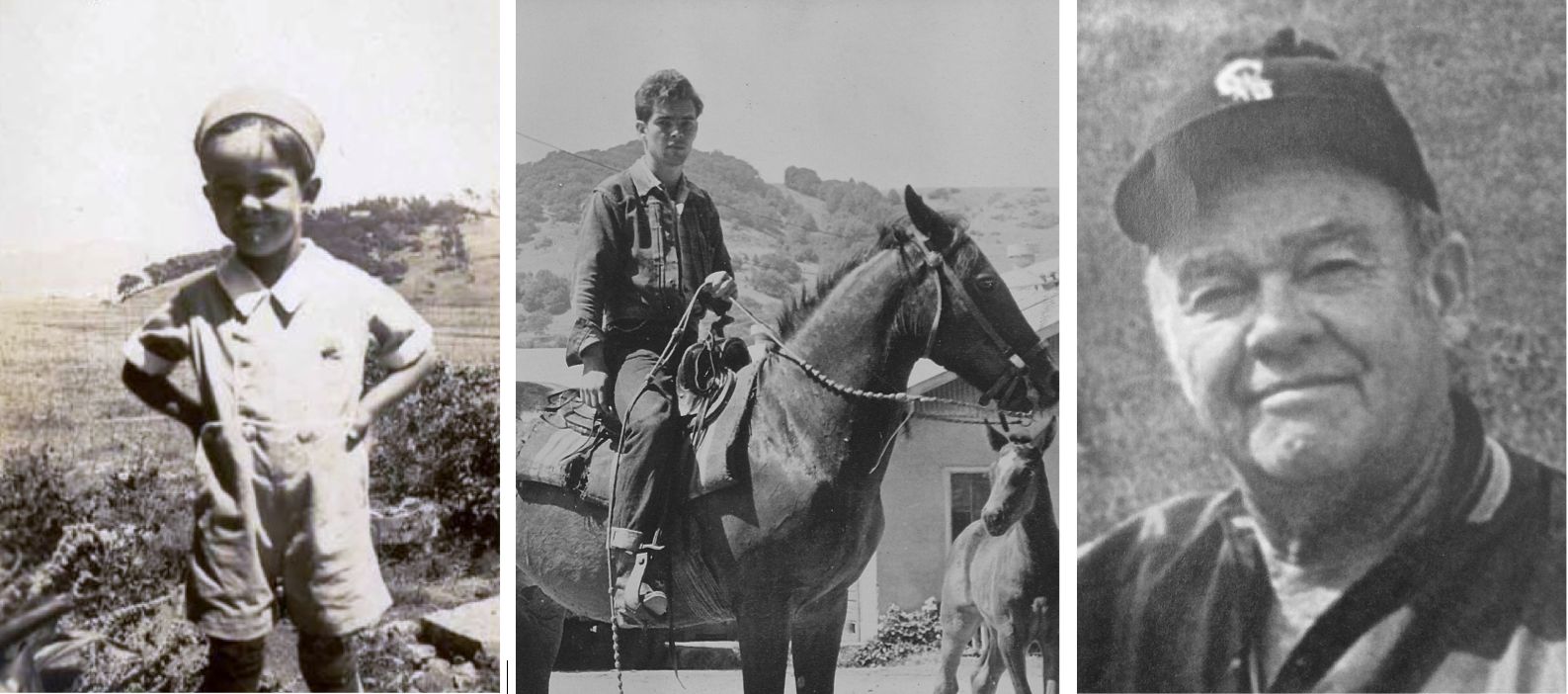 Konnie Knudsen as young boy in Waldo, as a teenager on horseback and as an adult. Photos courtesy of Anne T. Kent California Room at the Marin County Free Library, and the Knudsen Family