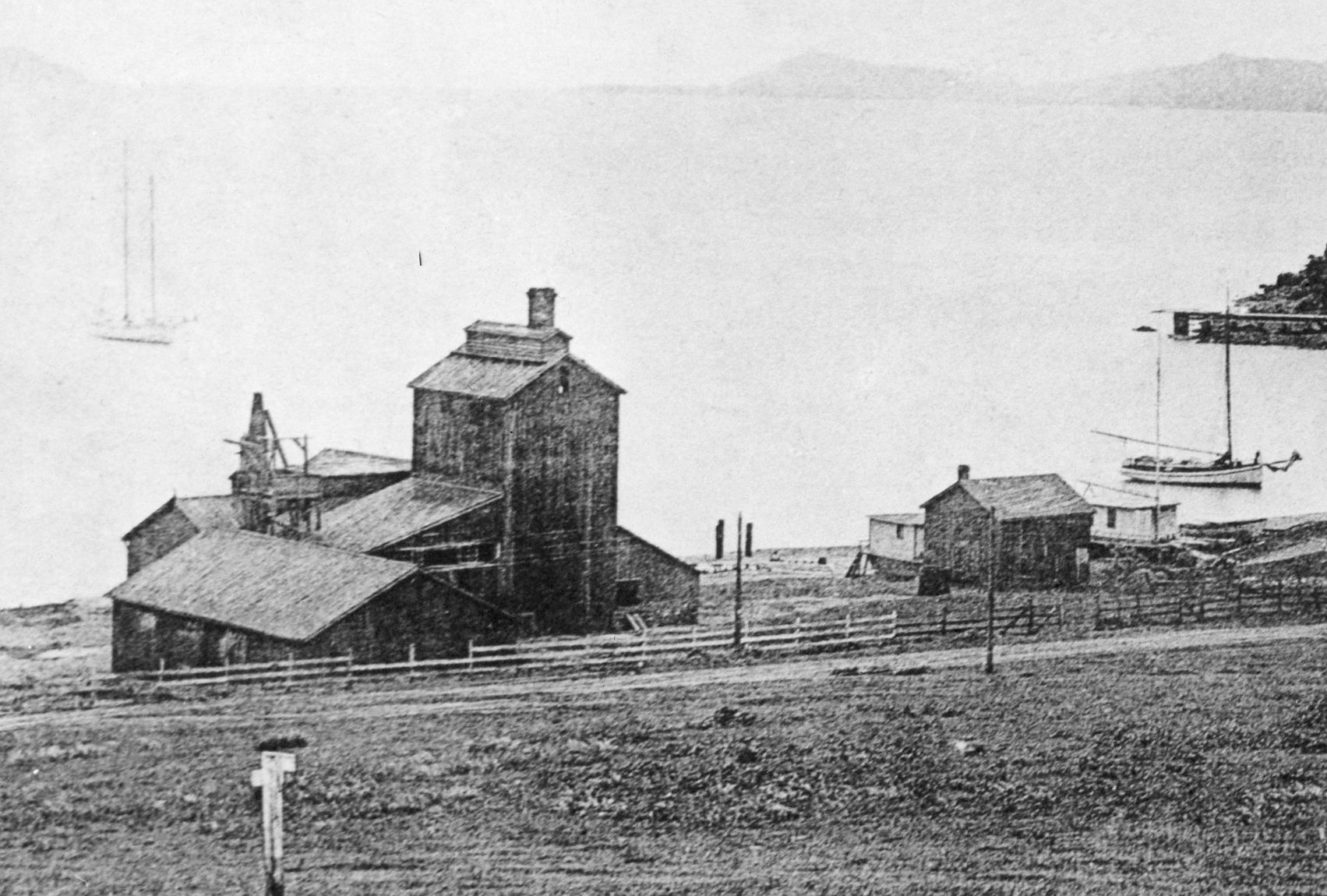 The imposing structure on Whaler’s Cove in 1882 is the Saucelito Smelting Works.