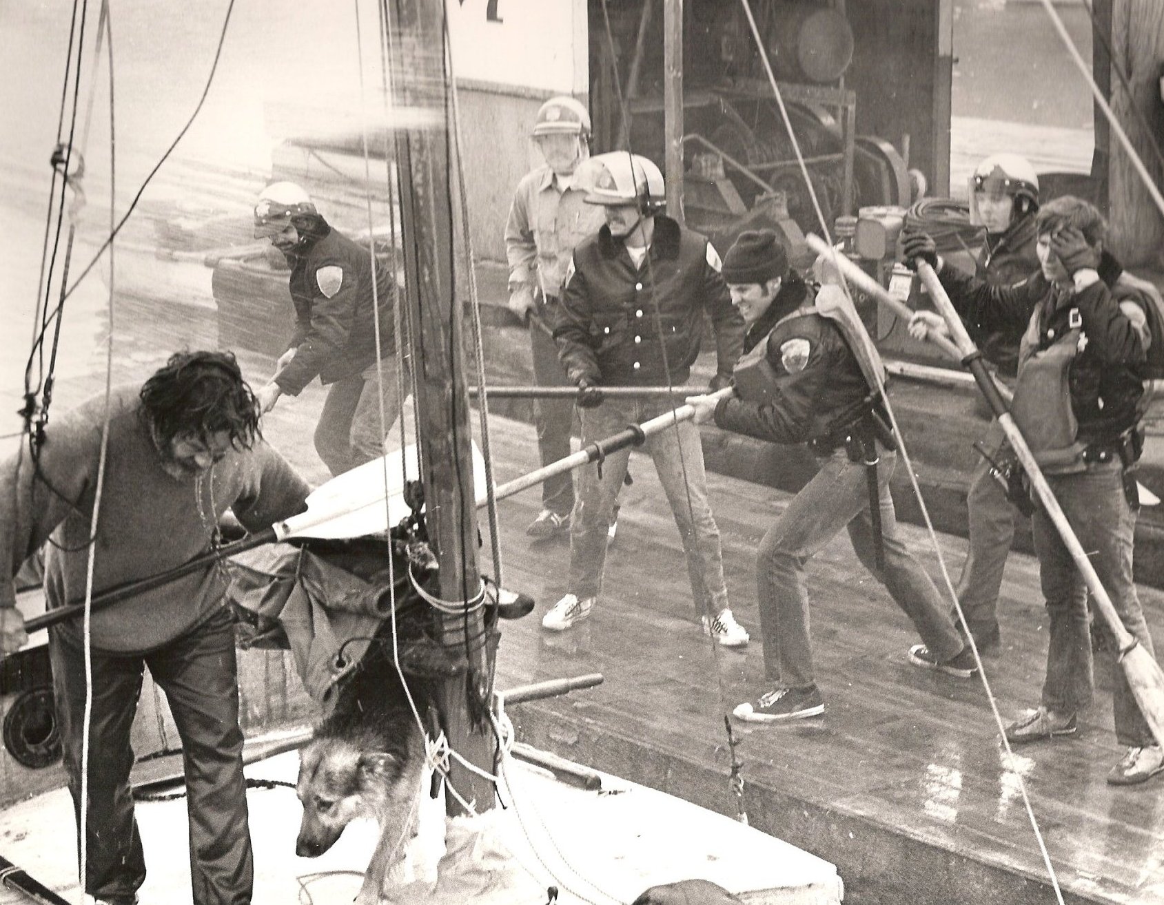 A sailboat became the focus of a push-pull with sheriff’s officers during an attempt to block the construction of Liberty Dock at Waldo Point Harbor. Photo © Bruce Forrester