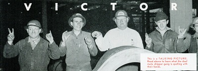 Standing in front of a stern frame, five deaf chippers spell out VICTORY in sign language. Marin-er photo courtesy of Sausalito Historical Society.