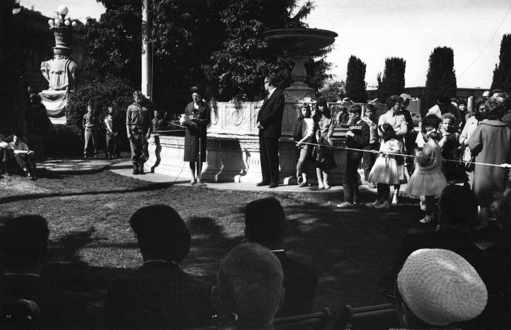 Mrs. M. Justin Herman and Mr. Robert McCabe, Master of Ceremonies, at a 1961 celebration marking first anniversary of the affiliation of Vina del Mar, Chile, and Sausalito, California as Sister Cities. Photo courtesy of Sausalito Historical Society
