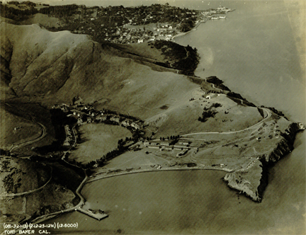 An aerial photo of the shoreline near Ft. Baker, where the "brow of a hill overlooking the bay" could contain a sailor's graveyard. Photo Courtesy Sausalito Historical Society.