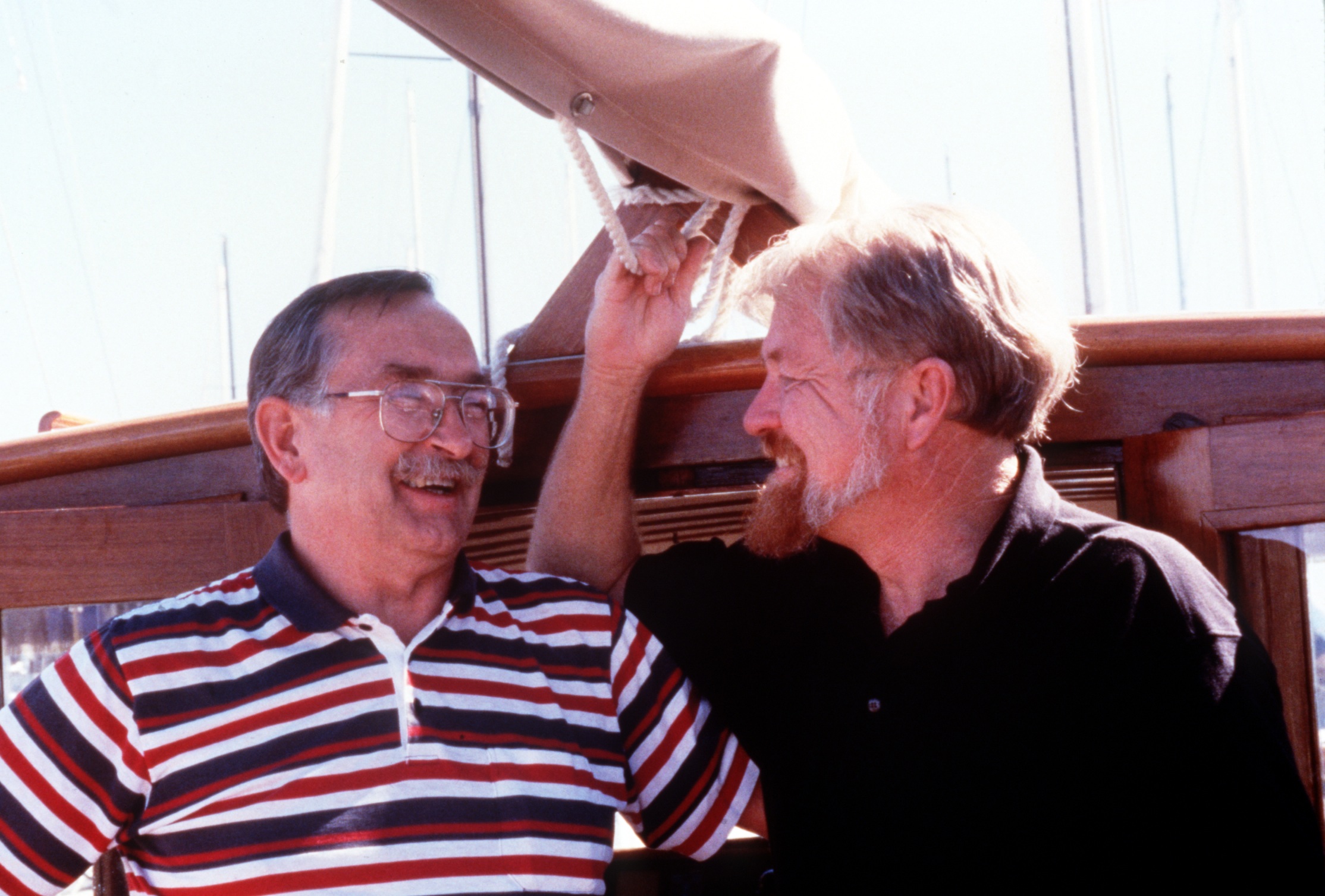 Peter Bowen (l.) and Brooks Townes aboard Peter’s boat the SEAWEED in Sausalito Yacht Harbor on the 30th anniversary of landing the Indians on Alcatraz. Photo courtesy of Brooks Townes